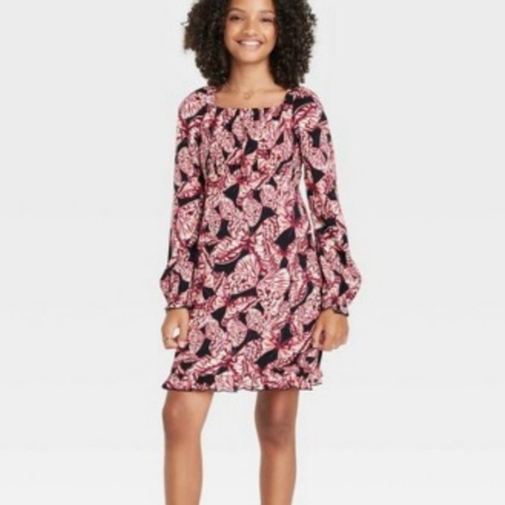 Art Class Girls Ebony Butterfly Long Sleeve Dress, Black Red Pink